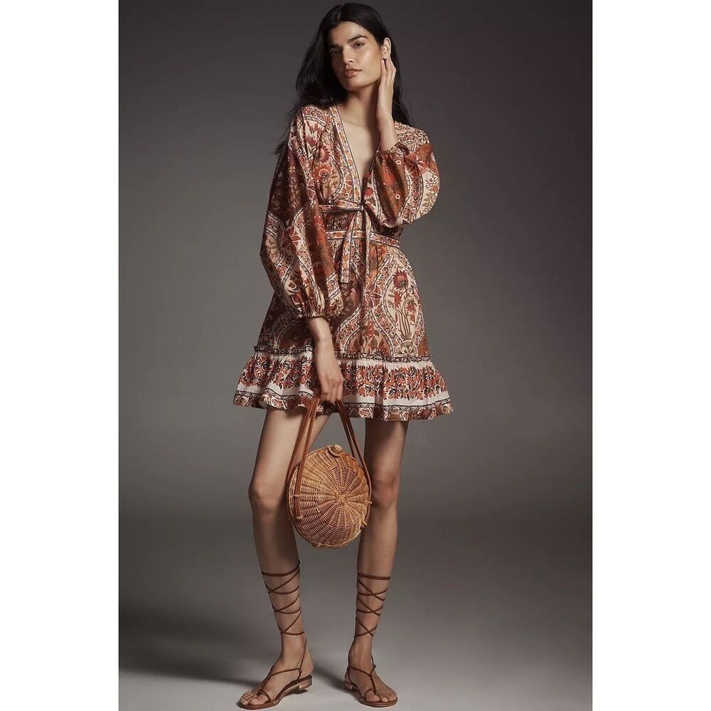 Anthropologie Farm Rio Romantic Nature Multicolor V-Neck Puff-Sleeve Mini Dress
